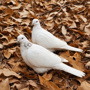 white doves and dry leaves