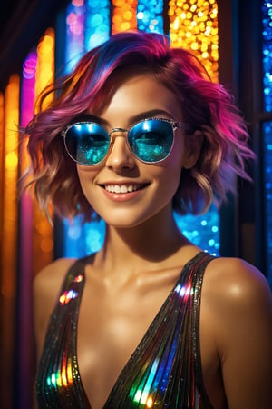 RAW Photography,cloae-up cute smiling young woman in led square glasses and glitter glow dress, laser rays, disco style, High fade hair,colored transparent glass, stained glass,unreal fashion,(specular reflection, mirrored, extremely intricate, ray tracing:1.4), vivid colors,high quality textures of materials, volumetric textures, coating textures, fabric textures, metal textures, stone textures, natural textures,high detail, high sharpness, high clarity,photography, detailed photography,photoshadow,  intricate details, 8k, masterpiece, dynamic play of light, deep darks, rich emotive colors, 35mm photograph, film grain, kodachrome, award winning photography, perfect composition, epic shot, perfectly quality, vibrant and colorful
