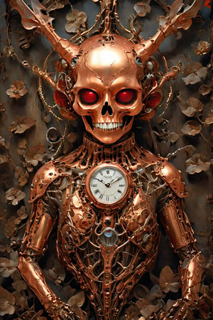 steampunk mechanical scull, copper human scull, shiny copper, steam, pressure valves, dials, intricate details, luxury renaissance steampunk interior, photo, photography, sharp focus, detailed, carries the machinery of a watch, actually a watch,aw0k euphoric style,DonMM4g1cXL ,darkart, in the style of esao andrews,Vogue,sticker,aw0k euphoricred style