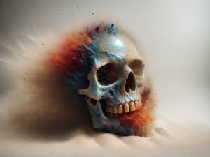 Realistic Mexican skull, sand-filled glass material,  dissolving in an explosion of colour,epoxy_skull