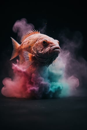 violent chalk explosion, holographic colourful floating in space, cinematic close-up portrait of an amphibious fish (made of chalk:1.3) during twilight in autumn, dark and gritty fantasy film heavy chalk smoke, cinematic lighting