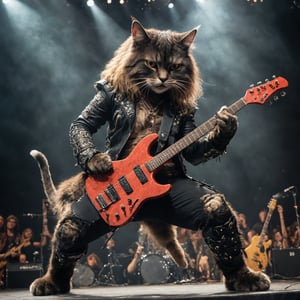 a 1980s hair glam metal cat playing axe guitar, concert, stage, arena,
photography, very realistic
