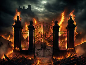 
The Gates of Hell, guarded by the oldest and most fearsome shadows, stand majestic in the heart of a realm of fire and brimstone. With a height that defies the heavens and a width that swallows light, these gates are the embodiment of terror and damnation.

Forged in the darkest metal and coated with arcane runes that whisper forgotten terrors, the Gates of Hell exude an aura of malevolence that would chill the bravest soul. Their surface is marked by eternal flames that dance wildly, reflecting the inner torments of those who lie beyond their threshold.

The air surrounding these gates is laden with suffocating heat and the acrid smell of eternal suffering. The moans and lamentations of trapped souls slip through the cracks of the gates, constantly reminding the living of the vastness of the torment that awaits should they dare to cross.

Only the most reckless or desperate dare to approach, and even then, few have the strength or sanity to face what lies on the other side. The Gates of Hell stand as a somber monument, an unrelenting reminder of the eternal struggle between good and evil, and the fragility of the human soul in the face of the underworld's temptations, ultra-fine digital painting, ,    Gorgeous splash of vibrant paint
,colorful,more detail XL,darkart