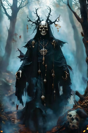 A Gothic fashion-inspired cult priest,skull Head Demon,
 with a horror twist exudes an aura of dark elegance and sinister mystique. Cloaked in flowing robes adorned with occult symbols, his attire hints at forbidden rituals and arcane knowledge With pale,skll,Magic Forest