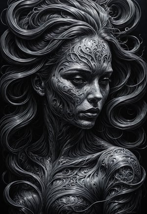 Surrealist art a linquivera kylin, bold lines, hyper detailed, dark limited palette, chiaroscuro , liiv1, . Dreamlike, mysterious, provocative, symbolic, intricate, detailed, 1girl
