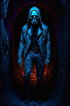 profesProfessional photographer photo, a scary guy, from back, facing a wall, in a cave, wearing tattered clothes, dark ambiance, infrared light, flash, , 
,darkart,LegendDarkFantasy,epoxy_skull