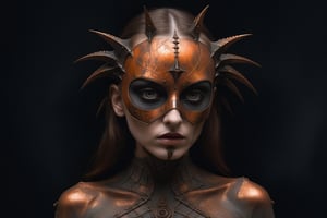 Luis Royo style, acrylic paint and spray paint, 8K, rule of thirds, intricate, dark lighting, Flickr, well focused, atmospheric, dramatic, highly detailed. A young woman with grey eyes, identified as 'The Messenger.' She is wearing an orange silk cloth that covers her body and a striking copper mask. The mask is the focal point, featuring a chaotic design with numerous pointed spikes and sharp edges, creating a sense of madness. It is asymmetrical, covering the entire face but with gaps that reveal parts of her features. Her lips are painted copper. In one hand, she holds a copper rod about 15 centimetres long, and in the other hand, she carries a 19th-century copper miner's lamp. The flame from the lamp illuminates her face and highlights the intricate details of the mask. The background is dark or black, with the woman positioned on one side of the composition, leaving negative space on the left. The image emphasizes mystery and beauty, showcasing the chaotic elegance of the mask,colorful