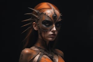 Luis Royo style, acrylic paint and spray paint, 8K, rule of thirds, intricate, dark lighting, Flickr, well focused, atmospheric, dramatic, highly detailed. A young woman with grey eyes, identified as 'The Messenger.' She is wearing an orange silk cloth that covers her body and a striking copper mask. The mask is the focal point, featuring a chaotic design with numerous pointed spikes and sharp edges, creating a sense of madness. It is asymmetrical, covering the entire face but with gaps that reveal parts of her features. Her lips are painted copper. In one hand, she holds a copper rod about 15 centimetres long, and in the other hand, she carries a 19th-century copper miner's lamp. The flame from the lamp illuminates her face and highlights the intricate details of the mask. The background is dark or black, with the woman positioned on one side of the composition, leaving negative space on the left. The image emphasizes mystery and beauty, showcasing the chaotic elegance of the mask,colorful