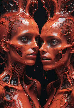 Super Closeup Portrait, Capture the structured melting of two liquids, each adorned in fleshy red hues, as they gracefully meld a human together a spectacle of intertwining viscosities, where the bones and flesh elements weave a kaleidoscopic tapestry of daker shades.
very detailed, hd, RAW photograph, masterpiece, top quality, best quality, official art,highest detailed, atmospheric lighting, cinematic composition, complex multiple subjects, 4k HDR, vibrant, highly detailed, Leica Q2 with Summilux 35mm f/1.2 ASPH, Ultra High Resolution, wallpaper, 8K, Rich texture details, hyper detailed, detailed eyes, detailed background, dramatic angle, epic composition, high quality , (8k, RAW photo, highest quality), hyperrealistic,
