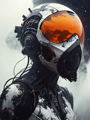 white-toned Surrealism photo of an abyssal futuristic summer face in a bright apocalyptic void, intricate black and orange and white recursion, eldritch, foggy, billowing bright glitter, very detailed, 
,vntblk