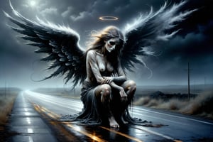 Luis royo style, acrylic paint and spray paint, 8K, rule of thirds, 
intricate, dark lighting, Flickr, well focused, atmospheric, dramatic, highly detailed, a dead angel on the side of a road, 