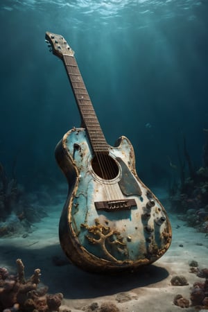 A lone electric guitar rests silently on the seabed, its once vibrant colors muted by the passage of time and the embrace of the ocean's depths. Despite its underwater slumber, hints of its former brilliance still shimmer faintly, reflecting the ethereal light that filters down from the surface above.

Though the salty waters have taken their toll, the guitar retains an air of majesty, a silent testament to the power and passion that once flowed through its steel strings. Even now, in this tranquil underwater realm, one can almost hear the echo of its haunting melodies, carried on the currents like whispers of a forgotten song.

As marine life flutters by, casting curious glances at this unexpected visitor to their watery domain, the guitar remains a silent guardian of its own legacy. Though the ocean may have claimed it as its own, the spirit of music and creativity that once inhabited its strings lives on, a timeless reminder of the enduring power of art to transcend even the deepest depths.,darkart