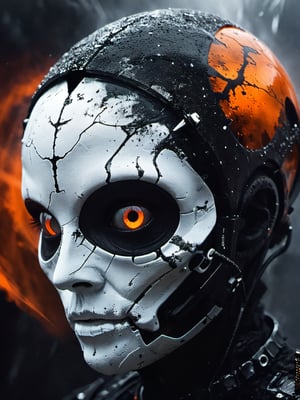 white-toned Surrealism photo of an abyssal futuristic summer face in a bright apocalyptic void, intricate black and orange and white recursion, eldritch, foggy, billowing bright glitter, very detailed, 
,vntblk,black,darkart