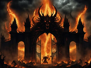 
The Gates of Hell, guarded by the oldest and most fearsome shadows, stand majestic in the heart of a realm of fire and brimstone. With a height that defies the heavens and a width that swallows light, these gates are the embodiment of terror and damnation.

Forged in the darkest metal and coated with arcane runes that whisper forgotten terrors, the Gates of Hell exude an aura of malevolence that would chill the bravest soul. Their surface is marked by eternal flames that dance wildly, reflecting the inner torments of those who lie beyond their threshold.

The air surrounding these gates is laden with suffocating heat and the acrid smell of eternal suffering. The moans and lamentations of trapped souls slip through the cracks of the gates, constantly reminding the living of the vastness of the torment that awaits should they dare to cross.

Only the most reckless or desperate dare to approach, and even then, few have the strength or sanity to face what lies on the other side. The Gates of Hell stand as a somber monument, an unrelenting reminder of the eternal struggle between good and evil, and the fragility of the human soul in the face of the underworld's temptations, ultra-fine digital painting, ,    Gorgeous splash of vibrant paint
,colorful,more detail XL,darkart