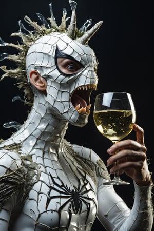 masterpiece, Indonesian man uppercut hair, with a sharp gaze, wearing a white spiderman suit, messy, shabby, torn , without a mask, a little moss, light focuses on an object , dark background, gothic vibes, intricate detail, depth of field, ultrasharp, 4k ,shards,glass,brocken glass,transparent a person has taken lsd and is seeing unicorn dragons spitting white wine out of a lady's mouth glass,pieces of glass,Made_of_pieces_broken_glass