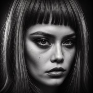 Create a monochrome portrait of beautiful blonde girl,  ((rectangular face)), close up , detail plan, detail plan of eyes, hair covering eye, dark make up, dark shadowing,nostalgic picture,Realism,pinhole photography,DonM4lbum1n,HalloweenGlowStyle