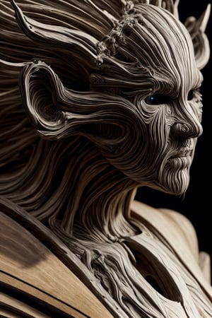 raw photo of the dark art sculpture white wooden automaton that comes to life when you approach it, futuristic background, close-up, masterpiece, high quality, hyper-detailed,