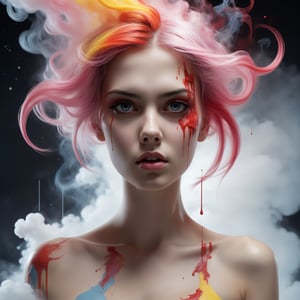 Create a stunning visual masterpiece depicting a captivating girl, a winner of a prestigious Behance award, with smoke-like hair in shades of yellow, red, and silver. Her face is coated in a whitish hue, surrounded by a cloud-like overflow of pastel colors and bright pink highlights, creating an enigmatic and mesmerizing appearance. She floats in mist, connected by radiant energy, in a smoky science fiction style. This highly intricate and epic artwork follows the golden ratio, reminiscent of a movie poster, and is currently trending on CG Society. The ultra-high definition, 8k rendering showcases her torn clothes, blood on her face, and deep cuts all over her scarred body, portraying a dramatic scene full of fear and guilt. With a dark forest background and a touch of bokeh and depth of field, this artwork in the style of Anne Bachelier incorporates stunning visual effects such as tracers, splashes, lightning, light particles, steam, smoke, and fog. Avoid using hashtags or any additional words.
,dripping paint,detailmaster2
