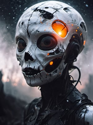 white-toned Surrealism photo of an abyssal futuristic summer face in a bright apocalyptic void, intricate black and orange and white recursion, eldritch, foggy, billowing bright glitter, very detailed, 
,vntblk,black,darkart