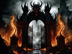 
The Gates of Hell, guarded by the oldest and most fearsome shadows, stand majestic in the heart of a realm of fire and brimstone. With a height that defies the heavens and a width that swallows light, these gates are the embodiment of terror and damnation.

Forged in the darkest metal and coated with arcane runes that whisper forgotten terrors, the Gates of Hell exude an aura of malevolence that would chill the bravest soul. Their surface is marked by eternal flames that dance wildly, reflecting the inner torments of those who lie beyond their threshold.

The air surrounding these gates is laden with suffocating heat and the acrid smell of eternal suffering. The moans and lamentations of trapped souls slip through the cracks of the gates, constantly reminding the living of the vastness of the torment that awaits should they dare to cross.

Only the most reckless or desperate dare to approach, and even then, few have the strength or sanity to face what lies on the other side. The Gates of Hell stand as a somber monument, an unrelenting reminder of the eternal struggle between good and evil, and the fragility of the human soul in the face of the underworld's temptations, ultra-fine digital painting, ,    Gorgeous splash of vibrant paint
,colorful,more detail XL,darkart