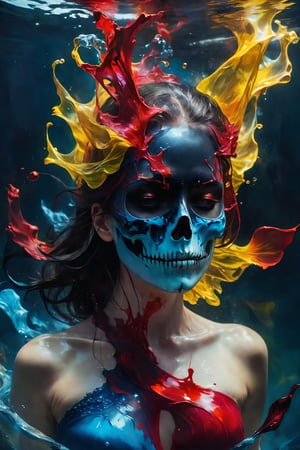 The enchantress emerged, her face concealed by a haunting skull mask soaked in blood, hinting at the power she wields. As she navigates shadows, she unleashes formidable abilities, delving into dark magic and facing consequences. Surreal beauty is captured in a shot of oil paint submerged underwater, revealing red, yellow, and blue tones dispersing against a dark background, creating ephemeral art.