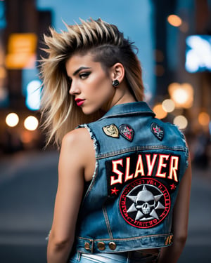 The person is positioned facing away from the camera, concealing their face from view, revealing only their back profile in the picture, In this professional photograph, the subject is positioned with her back to the viewer, sharply captured by a high-quality 85mm lens set at f/2.8 aperture. Her hairstyle reflects the iconic look of metalheads in 1987, complemented by a sleeveless denim jacket adorned with Slayer patches and metal spikes. It's a vivid portrayal of youthful energy—she's 18 years old—radiating determination and enthusiasm, completely engrossed in the music that defines life and strength for her. The city lights illuminate her against the night backdrop of an American metropolis, showcasing attire reminiscent of the iconic fashion sported by '80s rockers, exuding toughness, posture, attitude, and presence. This girl symbolizes an entire generation of Heavy Metal enthusiasts, proudly showcasing band patches and metallic studs, Back grunge style photograph of an aggressive and charming girl, focused, Fluxus Art, nostalgic lighting, adobe lightroom, award winning, . Texture, distressed, vintage, edgy, edgy, punk rock vibe, dirty, loud,