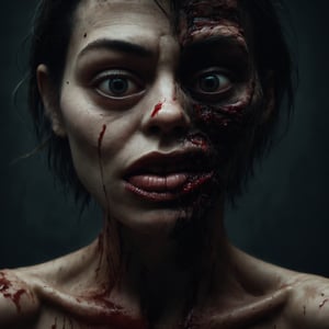 Generate an image representing the duality between superficial beauty and emotional darkness. The image should feature a human figure in the foreground, displaying signs of physical and emotional distress, such as tears of blood and a split lip. The background of the image should be dark and somber, with elements suggesting destruction and chaos. The human figure should be surrounded by shadows and silhouettes evoking hatred and hostility. It should convey the sensation of being immersed in a world where superficial beauty has been replaced by the harsh reality of suffering and emotional darkness,Movie Still,darkart,aw0k dalle