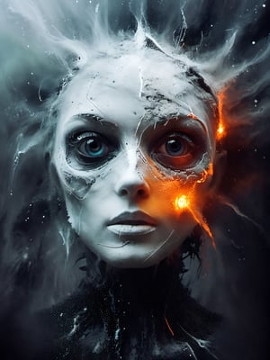 white-toned Surrealism photo of an abyssal futuristic summer face in a bright apocalyptic void, intricate black and orange and white recursion, eldritch, foggy, billowing bright glitter, very detailed, 
,vntblk,black,darkart,DissolveSdxl0