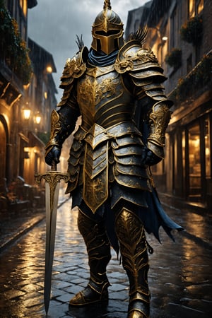 Create a realistic and detailed image of a warrior in magnificent, intricately detailed armor. The warrior has a determined look and stands in a medieval, rainy cityscape. His armor is elaborately adorned with golden elements, and he holds a sword with a glowing blade. The image is in dark, dramatic colors, with lighting that highlights the textures and details of the armor. Ultra-realistic, 8K, inspired by Todd McFarlane and Jay Anacleto.
,realistic