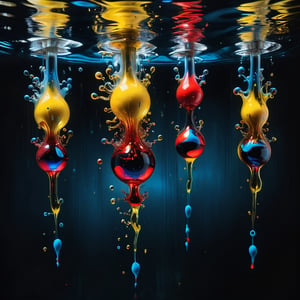 Capture the surreal beauty of oil injection submerged underwater against a dark black backdrop. This studio photograph, taken with macrophotography technique, reveals the hypnotic dance of red, yellow, and blue oil tones dispersing in the water, creating an ephemeral and captivating artwork,Colorful Binary Code Energy