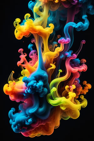 Liquid and Smoke, Dark Backdrop, Wallpaper. ral-barriertapetranslucent, Macro photo of neon glowing organic shaped liquid smoke. Technology backdrop, extremely detailed, are all the colours of the rainbow, with yellow being the most important one