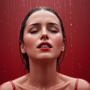 The image shows a woman with a red background, her face is covered with water droplets, giving the impression that she is under a red shower. The woman is looking into the distance and her image is slightly blurred, adding depth and emotion to the scene. She is wearing a polka-dot dress, which adds a fun and elegant touch to the image. The combination of the dark red background, the water droplets and the woman's expression create a visually striking and captivating scene.
