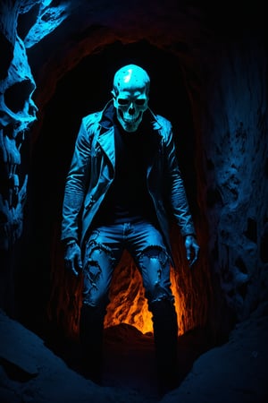 profesProfessional photographer photo, a scary guy, from back, facing a wall, in a cave, wearing tattered clothes, dark ambiance, infrared light, flash, , 
,darkart,LegendDarkFantasy,epoxy_skull