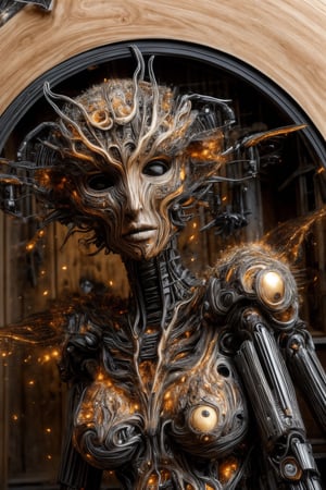 raw photo of the dark art sculpture white wooden automaton that comes to life when you approach it, futuristic background, close-up, masterpiece, high quality, hyper-detailed, ,firefliesfireflies,Mecha body,Futuristic room,dragonyear,DonMW15p