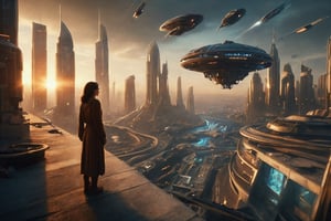 A photorealistic image inspired by Steven Spielberg's sci-fi style, great depth of field, capturing a vast, futuristic cityscape at sunset. A young Middle-Eastern woman stands on a high platform overlooking flying vehicles and towering skyscrapers with neon lights. A massive, mysterious spacecraft hovers in the sky, casting intricate shadows below. The woman's expression is one of wonder and apprehension. The scene features Spielberg's emotional depth with warm, ambient lighting and detailed futuristic elements. The image is captured with a high-end digital camera aesthetic, using a wide-angle lens and a rich, dynamic color palette to emphasize the grandeur and otherworldliness of the setting,science fiction ,sci-fi