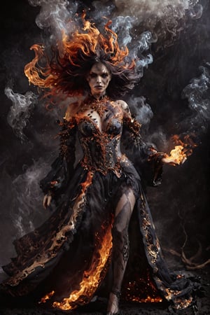  dark fantasy, woman, fire witch, ornate robe, armor, two-tone hair, floating burning hair, smouldering smoke, burning ground, aesthetic, intricate details, masterpiece, high contrast