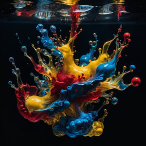 Capture the surreal beauty of oil injection submerged underwater against a dark black backdrop. This studio photograph, taken with macrophotography technique, reveals the hypnotic dance of red, yellow, and blue oil tones dispersing in the water, creating an ephemeral and captivating artwork