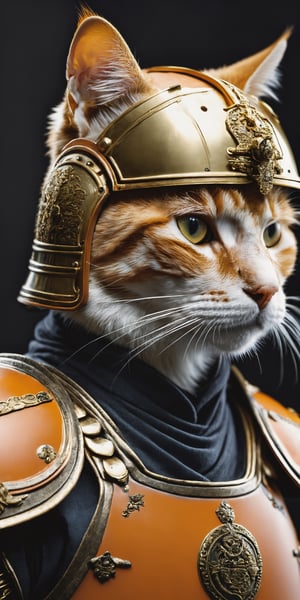 high quality anthropomorphic samurai cat, common European breed orange, realistic, extra detailed, detailed, with golden armour and matching helmet
((((night time, seen from afar)))))