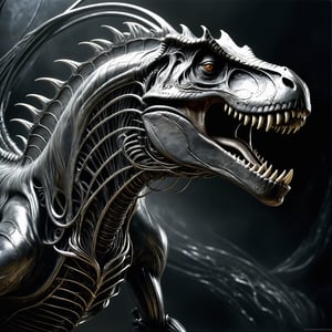 surreal dinosaurio t rex, tendrils of metal pulling away, swirling, liquid metal art  by hr giger, art made out of metal, (liquid metal elemental 2.0)/personified liquid metal/liquid mercury/etched flowing liquid metal/waves and designs/stormy dark background with lighting/intense/dramatic/atmospheric/unreal engine/Raymond Swanland/Luis Royo/Nekro/