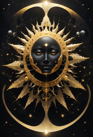 NSFW, art by Eleanor Vere Boyle and Andreas Untersberger, hantu ulat sutera
adaptive and halcyon atmosphere with dispersion, refined details, sun, moon, star,
(gold and ivory dark black colors:0.1),  (center composition, symmetry:0.1), style by nty
