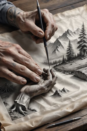 realistic, best quality, high res, highly detailed, 

We see a hand drawing a 2d monochrome artwork on parchment, 
