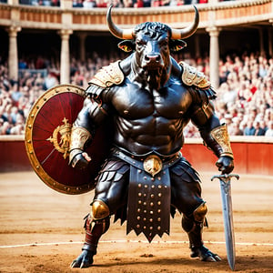 a Spanish fighting bull with a Roman sword and shield ready to fight in the bullring,IN MATRIX,monster