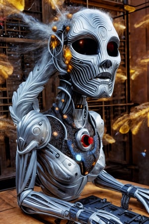 raw photo of the dark art sculpture white wooden automaton that comes to life when you approach it, futuristic background, close-up, masterpiece, high quality, hyper-detailed, ,firefliesfireflies,Mecha body,Futuristic room,dragonyear,DonMW15p