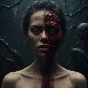 Generate an image representing the duality between superficial beauty and emotional darkness. The image should feature a human figure in the foreground, displaying signs of physical and emotional distress, such as tears of blood and a split lip. The background of the image should be dark and somber, with elements suggesting destruction and chaos. The human figure should be surrounded by shadows and silhouettes evoking hatred and hostility. It should convey the sensation of being immersed in a world where superficial beauty has been replaced by the harsh reality of suffering and emotional darkness,Movie Still,darkart,aw0k dalle