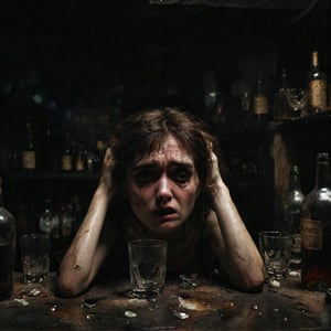 A woman consumed by alcohol, with an expression of despair and confusion on her face. She is in a dark bar, surrounded by empty bottles and full glasses. Her appearance has changed over time, showing signs of aging and neglect. In the distance, a male figure watches with sadness. The scene conveys feelings of loss, hopelessness, and change. The atmosphere is gloomy and melancholic, with dim lighting and deep shadows