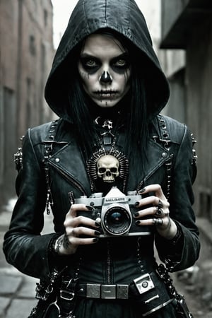 1girl, macabre style gritty street photography, holding a camera, young hacker, urban, matrixpunk cyber-costume, . dark, gothic, grim, haunting, highly detailed,
,photo r3al,more detail XL,Movie Still,LegendDarkFantasy,epoxy_skull,skll