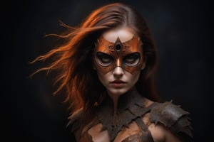 Luis Royo style, acrylic paint and spray paint, 8K, rule of thirds, intricate, dark lighting, Flickr, well focused, atmospheric, dramatic, highly detailed. A young woman with grey eyes, identified as 'The Messenger.' She is wearing an orange silk cloth that covers her body and a striking copper mask. The mask is the focal point, featuring a chaotic design with numerous pointed spikes and sharp edges, creating a sense of madness. It is asymmetrical, covering the entire face but with gaps that reveal parts of her features. Her lips are painted copper. In one hand, she holds a copper rod about 15 centimetres long, and in the other hand, she carries a 19th-century copper miner's lamp. The flame from the lamp illuminates her face and highlights the intricate details of the mask. The background is dark or black, with the woman positioned on one side of the composition, leaving negative space on the left. The image emphasizes mystery and beauty, showcasing the chaotic elegance of the mask,colorful