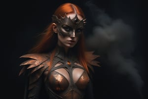 Luis Royo style, acrylic paint and spray paint, 8K, rule of thirds, intricate, dark lighting, Flickr, well focused, atmospheric, dramatic, highly detailed. A young woman with grey eyes, identified as 'The Messenger.' She is wearing an orange silk cloth that covers her body and a striking copper mask. The mask is the focal point, featuring a chaotic design with numerous pointed spikes and sharp edges, creating a sense of madness. It is asymmetrical, covering the entire face but with gaps that reveal parts of her features. Her lips are painted copper. In one hand, she holds a copper rod about 15 centimetres long, and in the other hand, she carries a 19th-century copper miner's lamp. The flame from the lamp illuminates her face and highlights the intricate details of the mask. The background is dark or black, with the woman positioned on one side of the composition, leaving negative space on the left. The image emphasizes mystery and beauty, showcasing the chaotic elegance of the mask,colorful