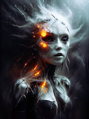 white-toned Surrealism photo of an abyssal futuristic summer face in a bright apocalyptic void, intricate black and orange and white recursion, eldritch, foggy, billowing bright glitter, very detailed, 
,vntblk,black,darkart,DissolveSdxl0,Luis Royo