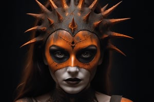 Luis Royo style, acrylic paint and spray paint, 8K, rule of thirds, intricate, dark lighting, Flickr, well focused, atmospheric, dramatic, highly detailed. A young woman with grey eyes, identified as 'The Messenger.' She is wearing an orange silk cloth that covers her body and a striking copper mask. The mask is the focal point, featuring a chaotic design with numerous pointed spikes and sharp edges, creating a sense of madness. It is asymmetrical, covering the entire face but with gaps that reveal parts of her features. Her lips are painted copper. In one hand, she holds a copper rod about 15 centimetres long, and in the other hand, she carries a 19th-century copper miner's lamp. The flame from the lamp illuminates her face and highlights the intricate details of the mask. The background is dark or black, with the woman positioned on one side of the composition, leaving negative space on the left. The image emphasizes mystery and beauty, showcasing the chaotic elegance of the mask,colorful